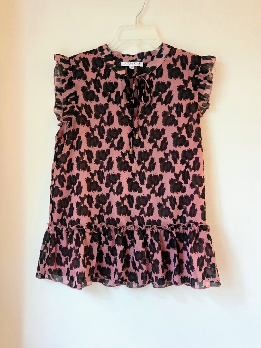 πΈ Joy Joy sz M Tie Ruffle Sleeves and Bottom Pink Mauve Brown Lined Top Blouse